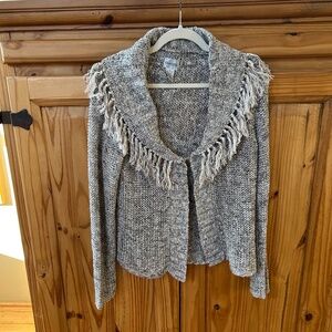 Chico's Marled Fringe Cardigan Cotton Blend Collar Fringe Tassel Beige Women Med